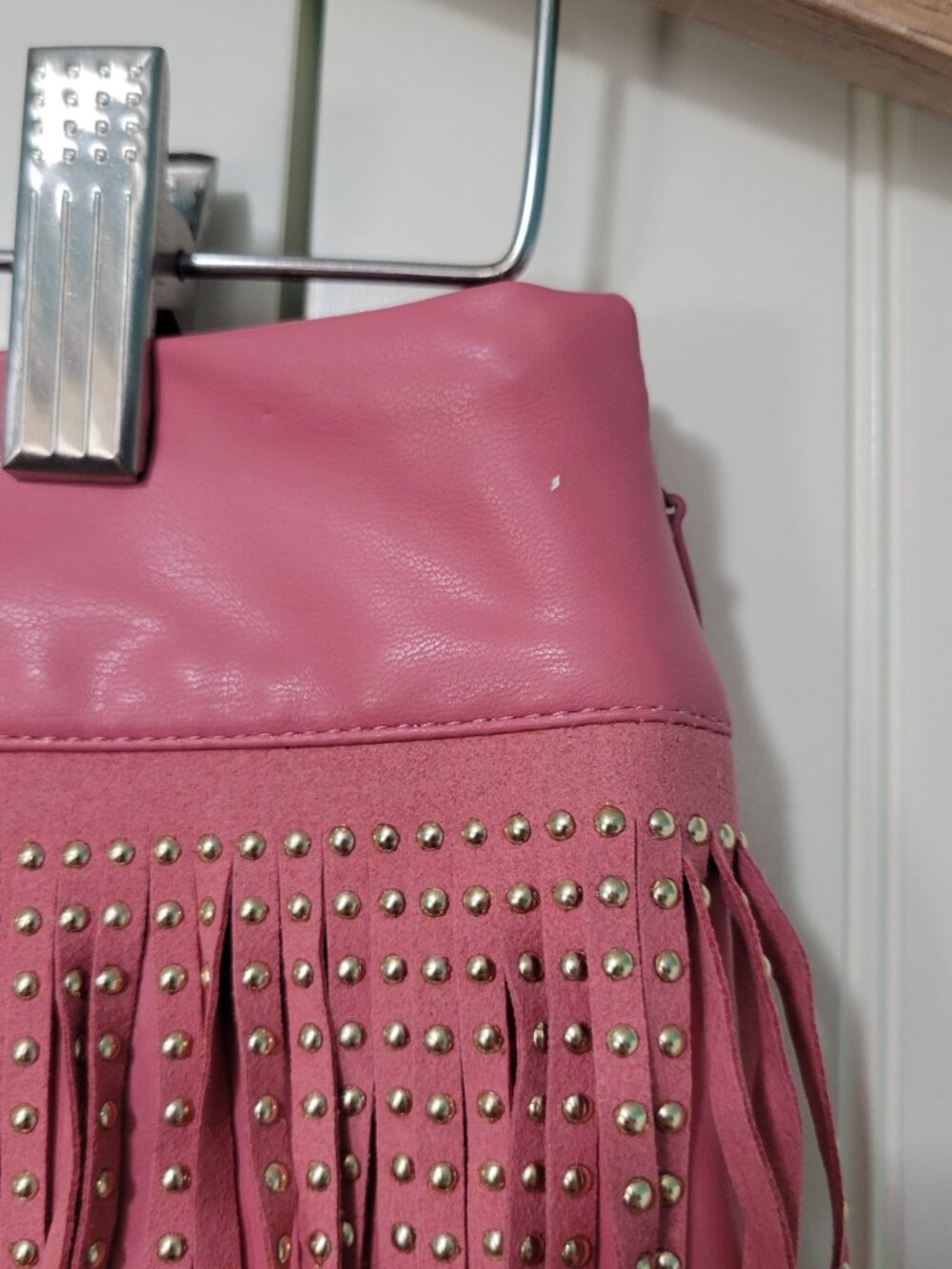 Dolly Barbie Cowgirl Rodeo Pink Faux Leather Studded Fringe Tiered Mini Skirt S - Picture 8 of 11